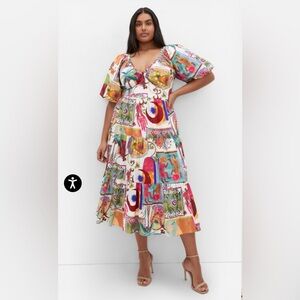 City Chic Simona Bohemian Patchwork Print Puff Sleeve Midi Dress Sz 14